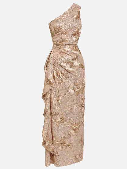 Elegant Floral Sequin One-Shoulder Ruched Maxi Dress