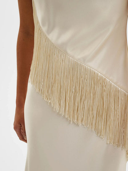 Elegant Beige Satin Fringe Sleeveless Midi Dress
