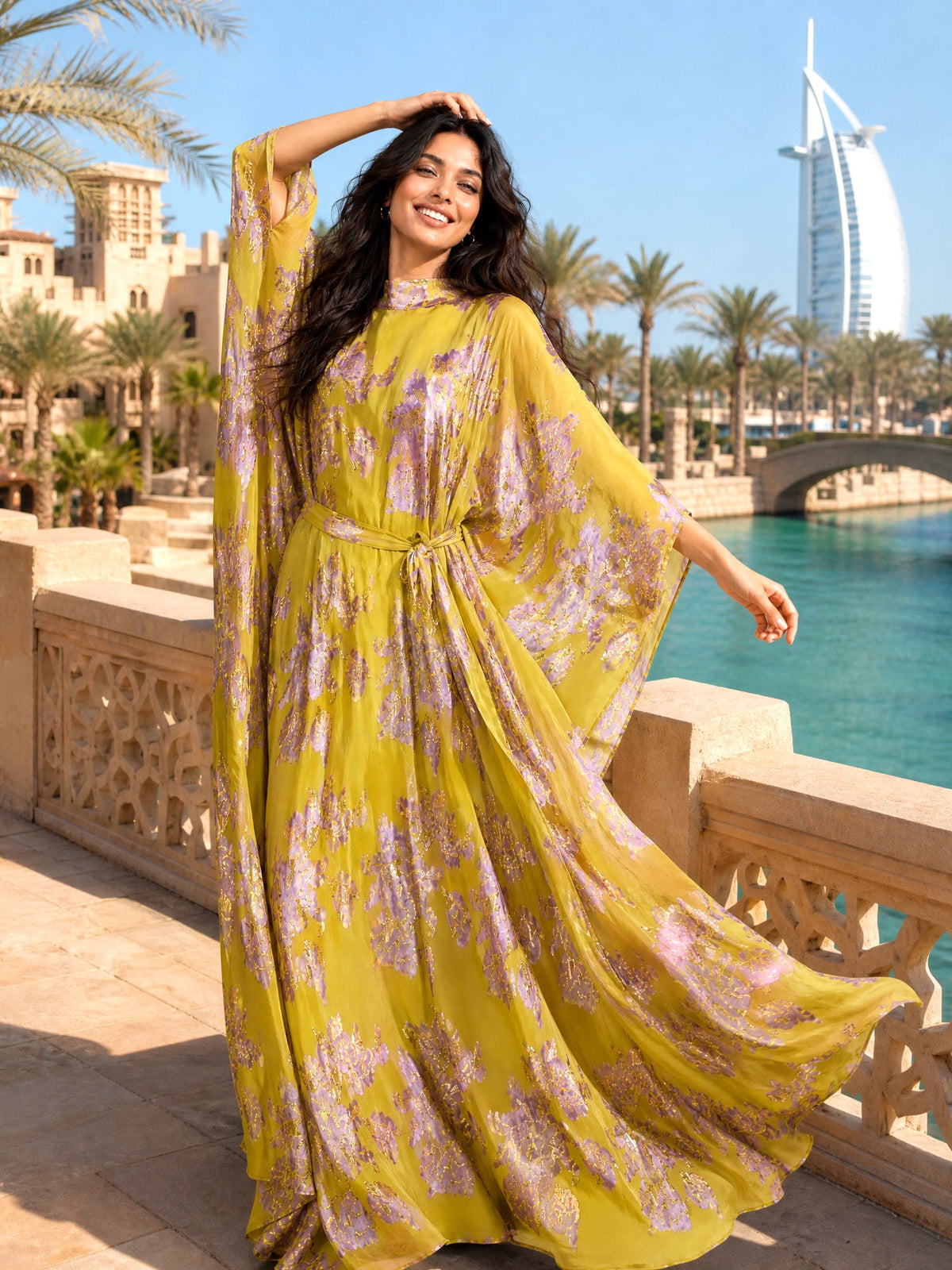 Elegant High Neck Flocked Floral Tie-Waist Kaftan Dress