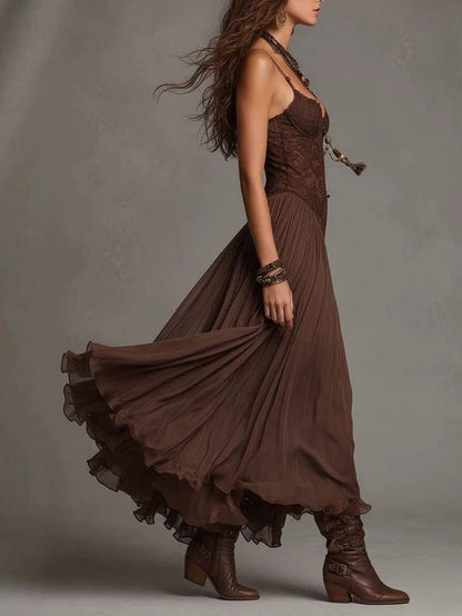Sexy Lace V-Neck Ruffled Flowy Midi Dress
