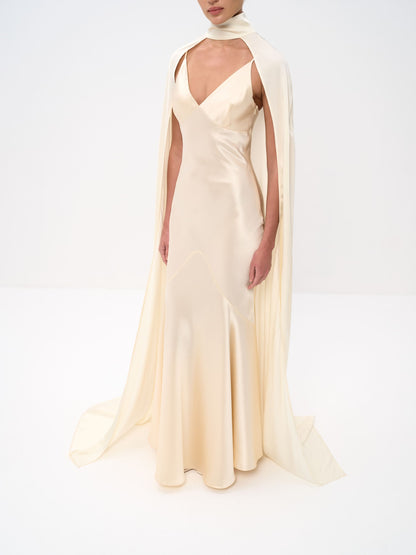 Elegant Satin Cape Sleeve Maxi Dress