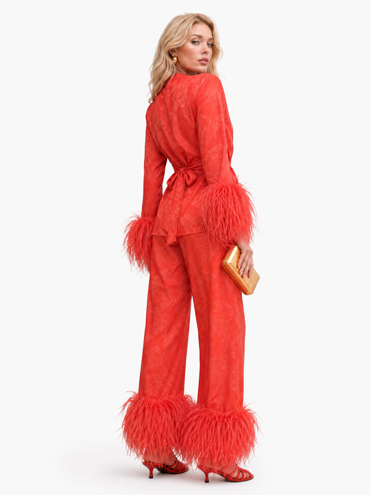 Elegant Feather Trim Jacquard Wrap Blouse & Pants Two-Piece Set