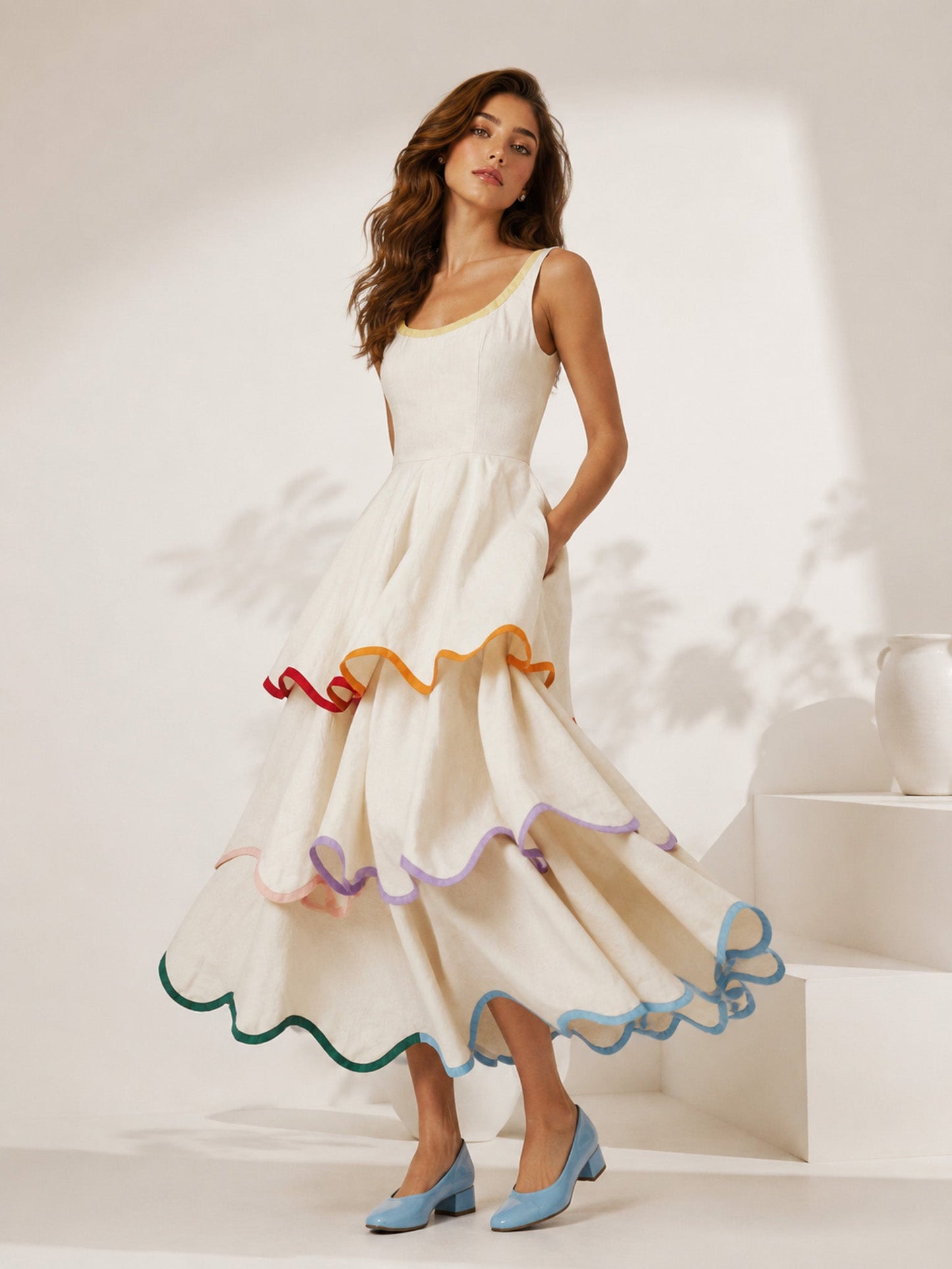 Elegant Color Trim Tiered Ruffle Sleeveless Maxi Dress