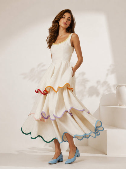 Elegant Color Trim Tiered Ruffle Sleeveless Maxi Dress