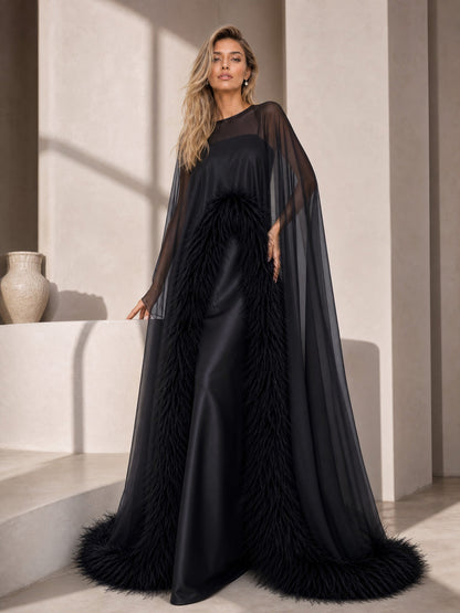 Elegant Feather Trim Chiffon Shawl Black Satin Maxi Dress