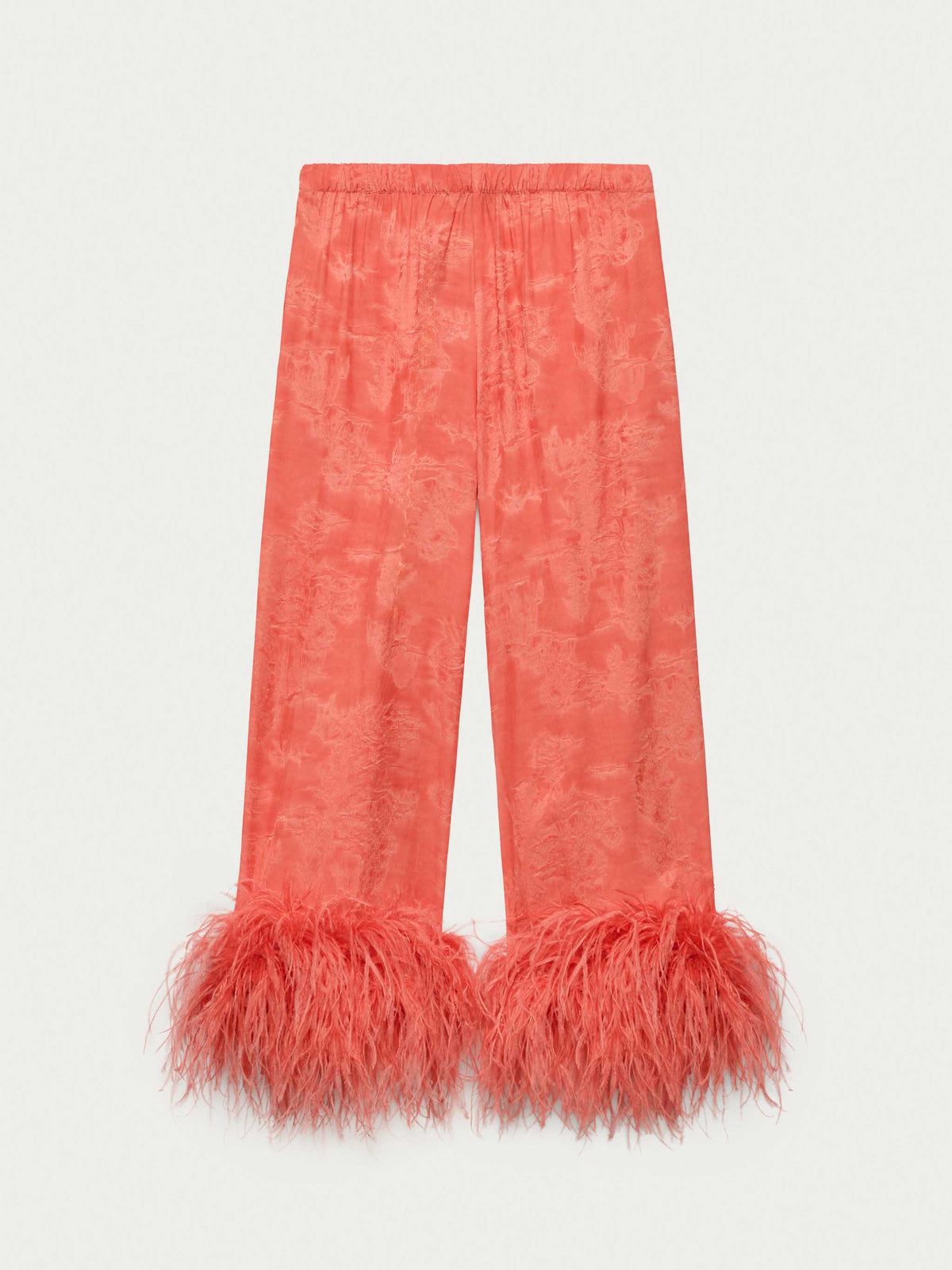 Elegant Feather Trim Jacquard Wrap Blouse & Pants Two-Piece Set