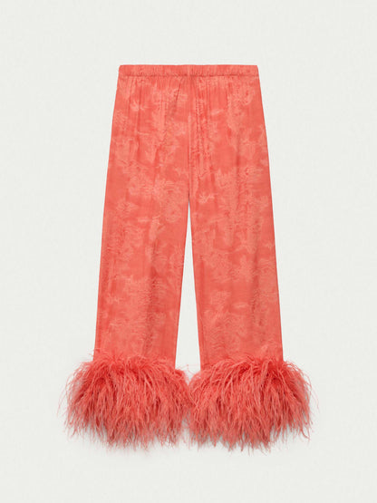 Elegant Feather Trim Jacquard Wrap Blouse & Pants Two-Piece Set