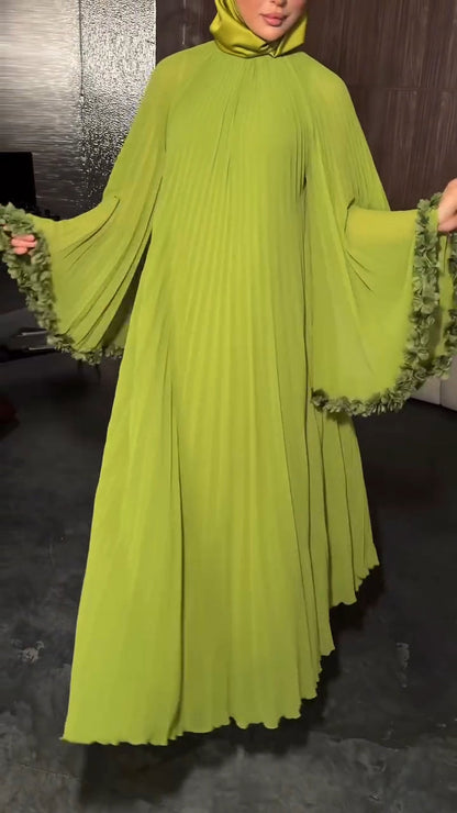 Elegant Pleated Floral Cuff Maxi Dress