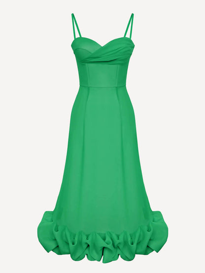 Elegant Sweetheart Ruffle Hem Satin Maxi Dress