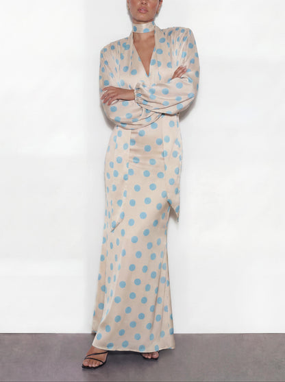 Elegant Polka Dot Blouse & Maxi Skirt Two-Piece Set