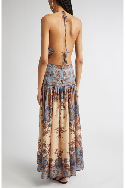 Chapel Floral Halter Backless Maxi Dress
