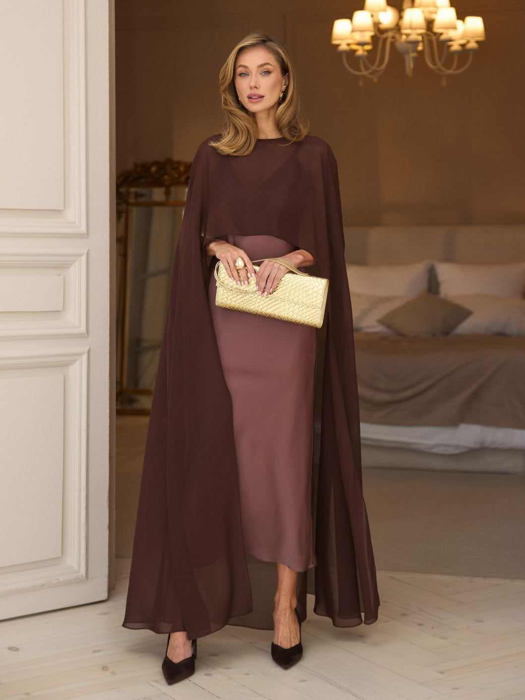 Elegant Satin and Sheer Chiffon Cape Maxi Dress