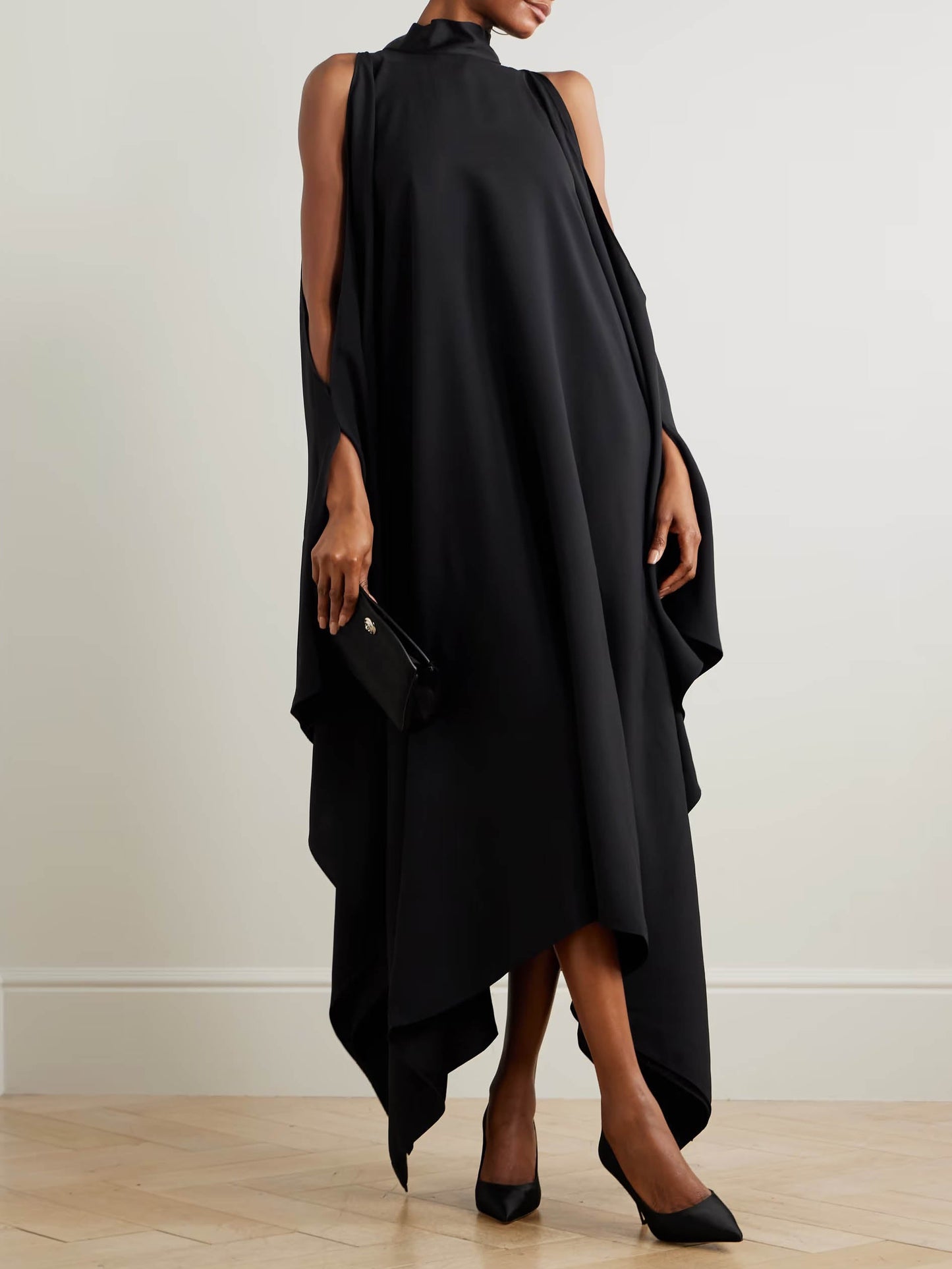 Elegant High-Neck Sleeveless Draped Midi Dress