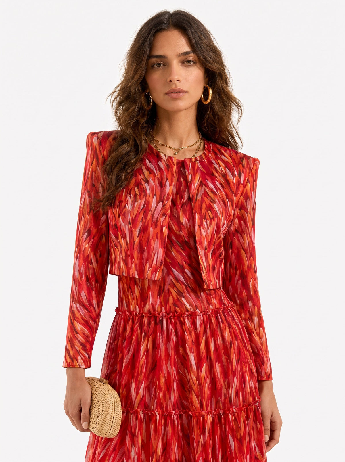 Elegant Halter Neck Abstract Print Tiered Maxi Dress