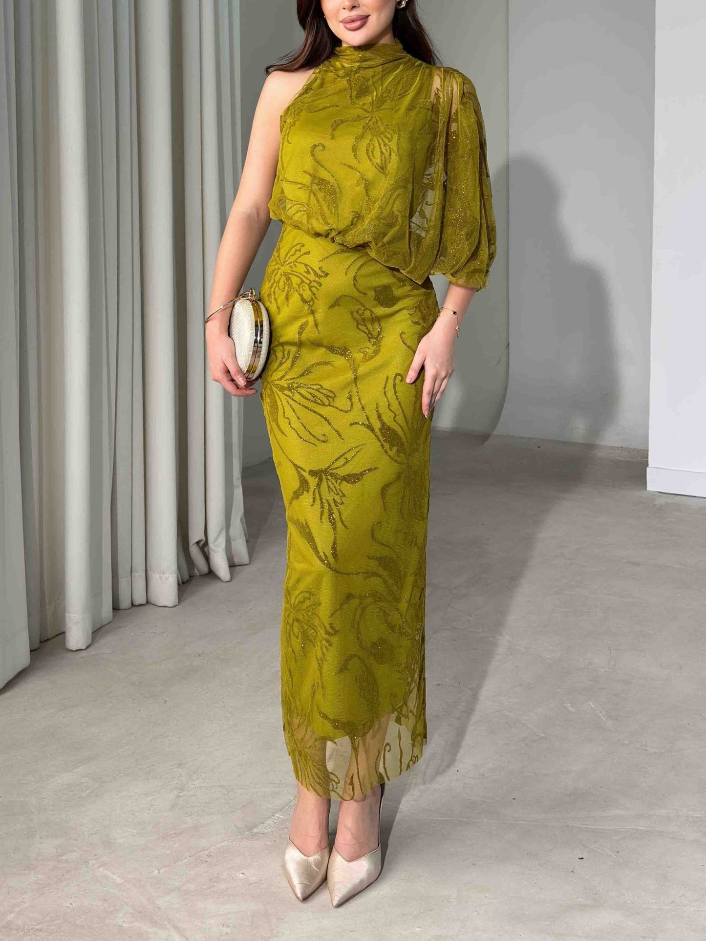 Elegant Glitter Floral Mesh Midi Dress
