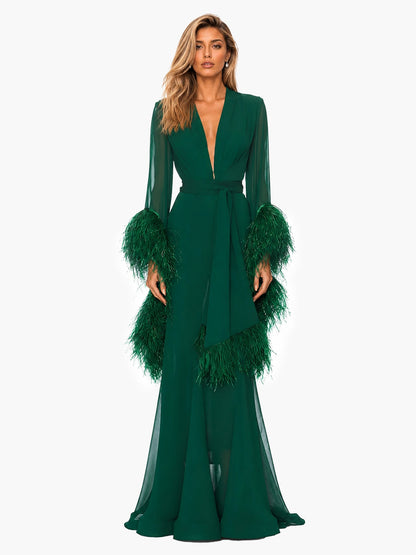 Elegant V-Neck Feather Cuff Flowing Chiffon Maxi Dress