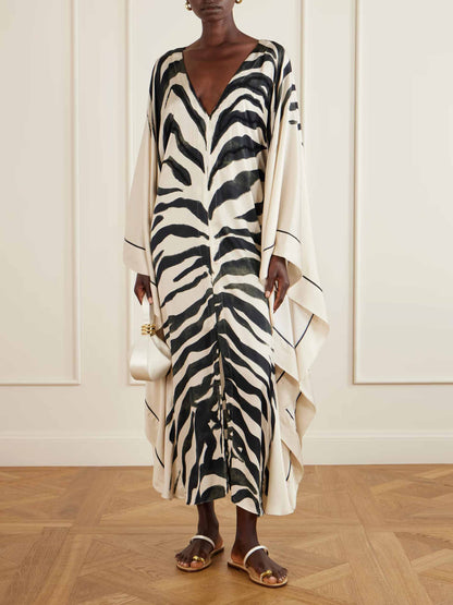 Elegant Zebra Print V-Neck Kaftan Maxi Dress