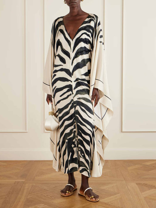 Elegant Zebra Print V-Neck Kaftan Maxi Dress
