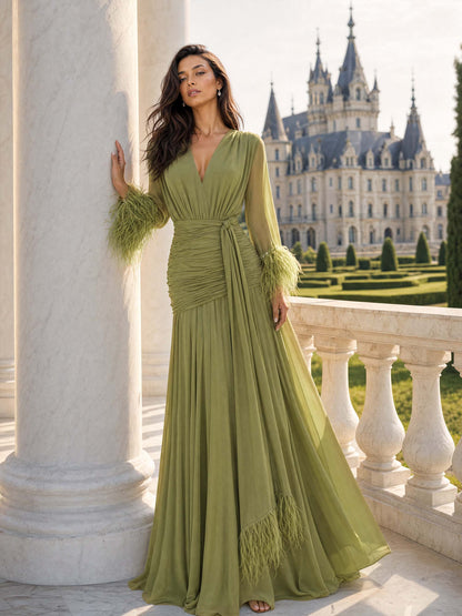 Elegant V-Neck Feather Cuff Flowing Chiffon Maxi Dress