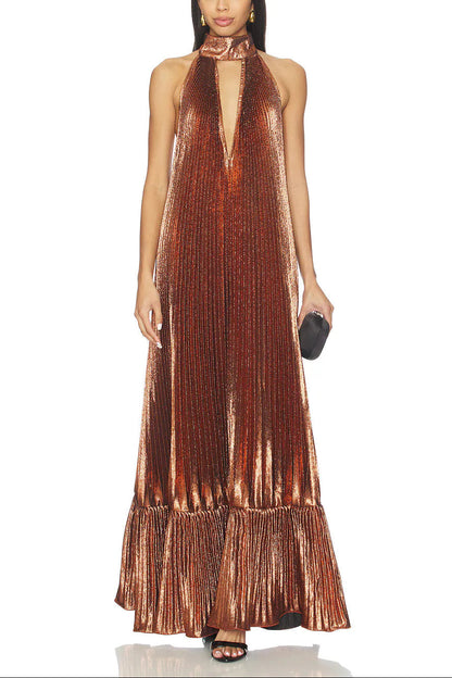 Elegant Metallic Pleated Halter Keyhole Maxi Dress