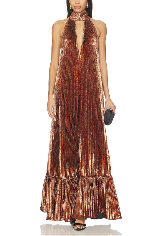 Elegant Metallic Pleated Halter Keyhole Maxi Dress