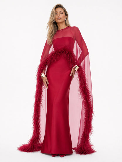 Elegant Feather Trim Chiffon Shawl Black Satin Maxi Dress