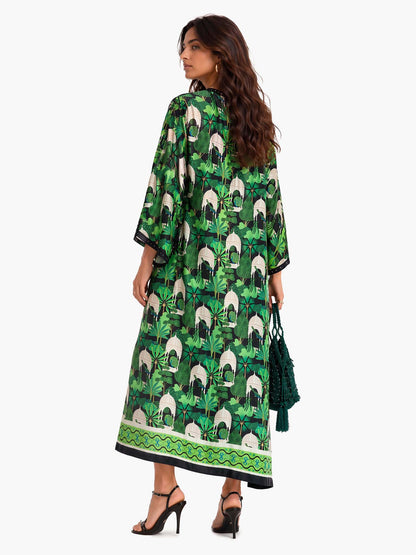 Emerald Oasis Scenic Print Tassel Maxi Dress