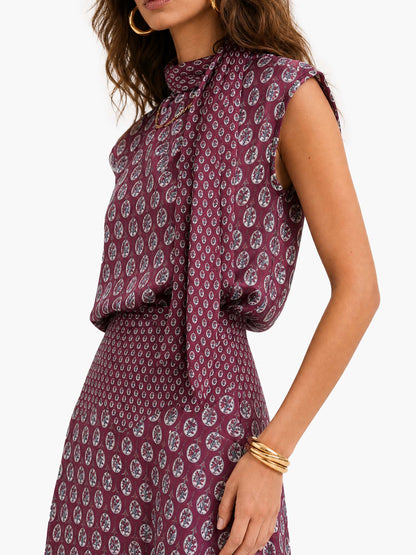 Retro Print Scarf Neck Top & Flowing Maxi Skirt Two-Piece Set