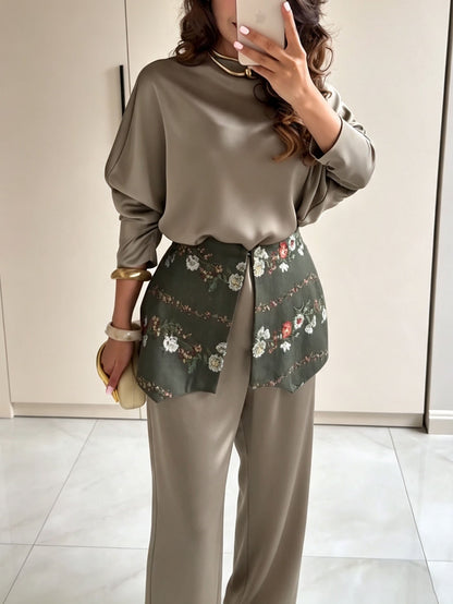 Retro Embroidered Waist Belt Satin Shirt & Harem Pants Set