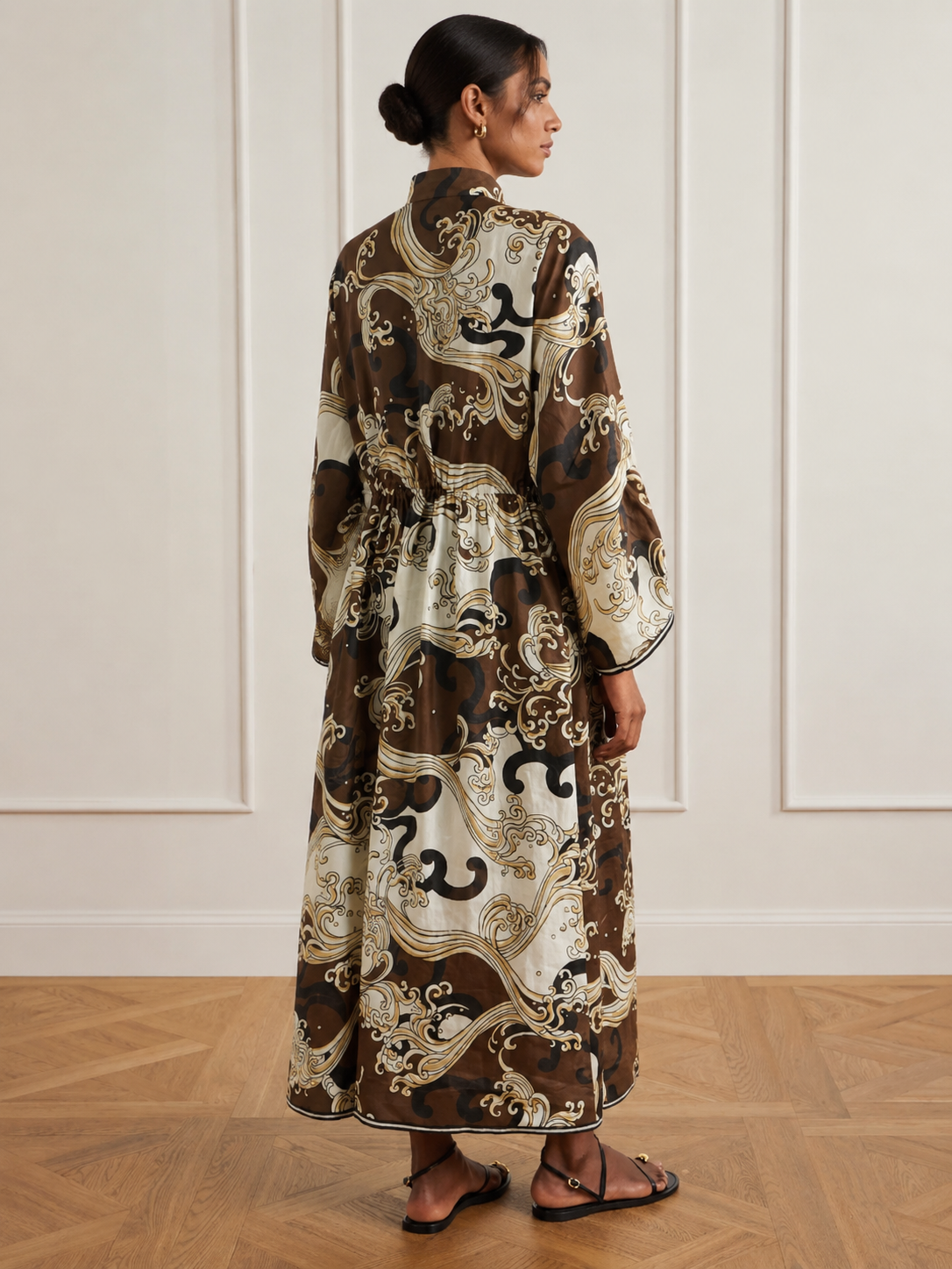 Retro Abstract Print Drawstring Long Sleeve Maxi Dress