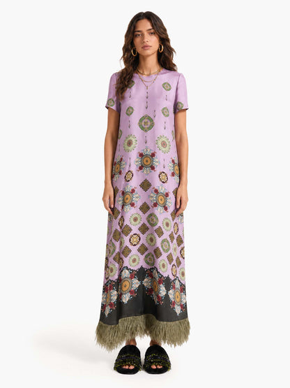 Boho Baroque Print Feather Trim Maxi Dress