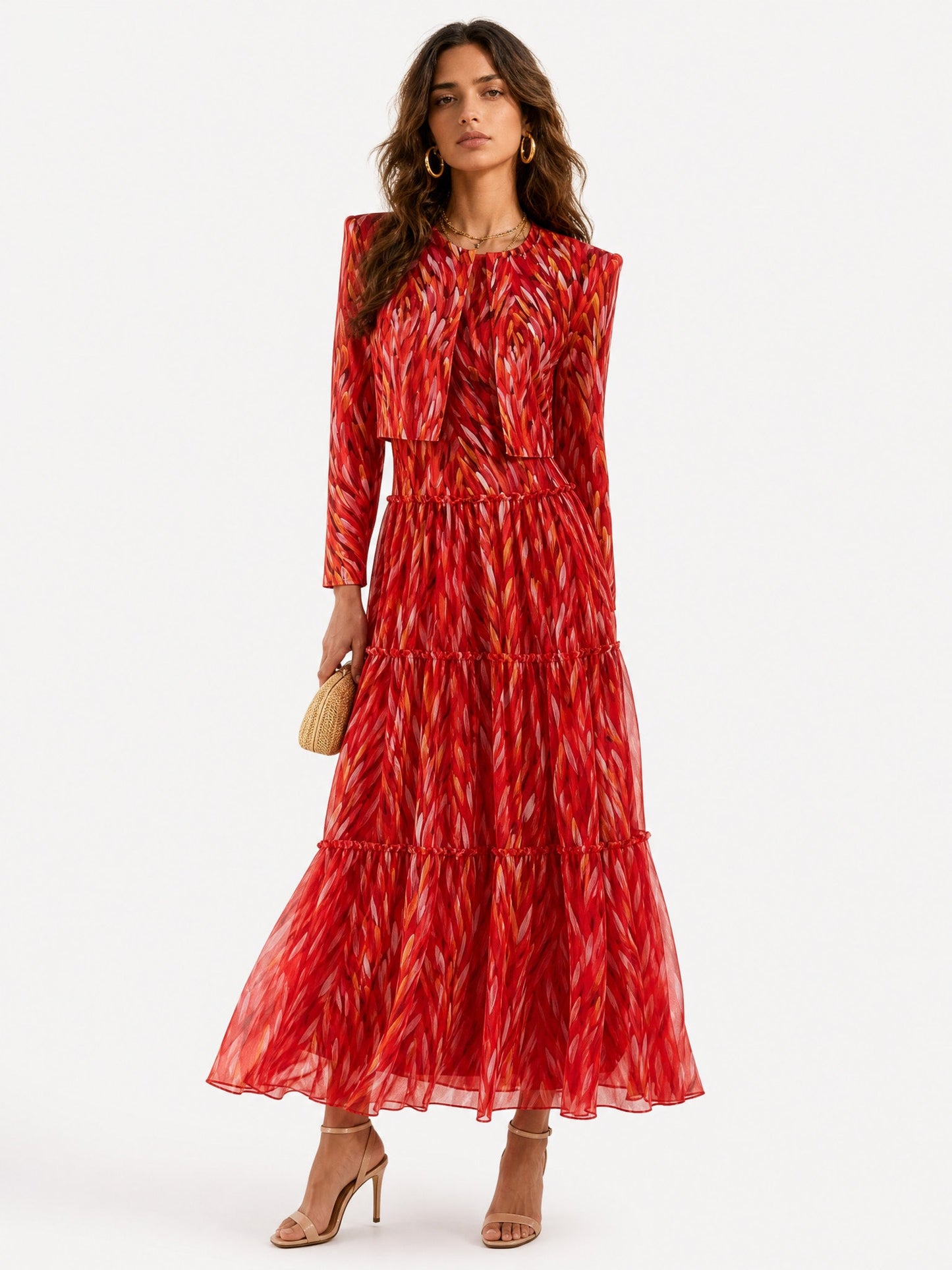 Elegant Halter Neck Abstract Print Tiered Maxi Dress