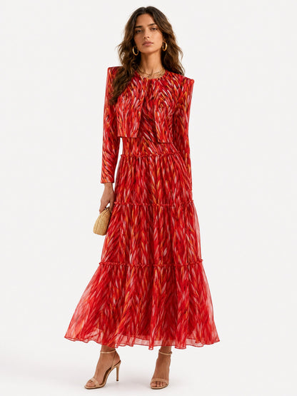 Elegant Halter Neck Abstract Print Tiered Maxi Dress