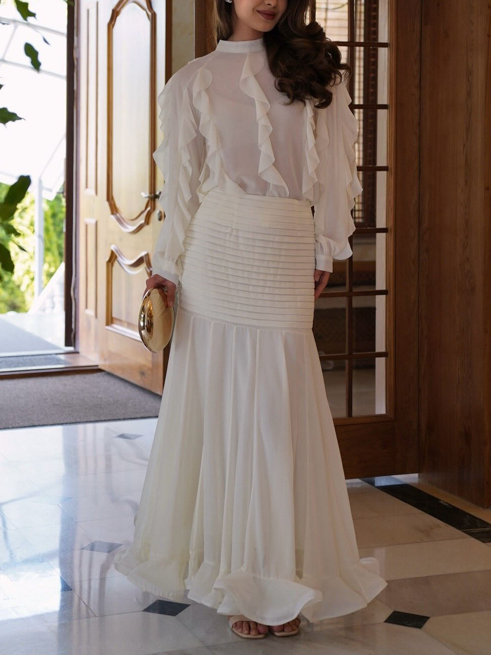 Elegant Ruffle Top & Ruched Mermaid Maxi Skirt Two-Piece Set
