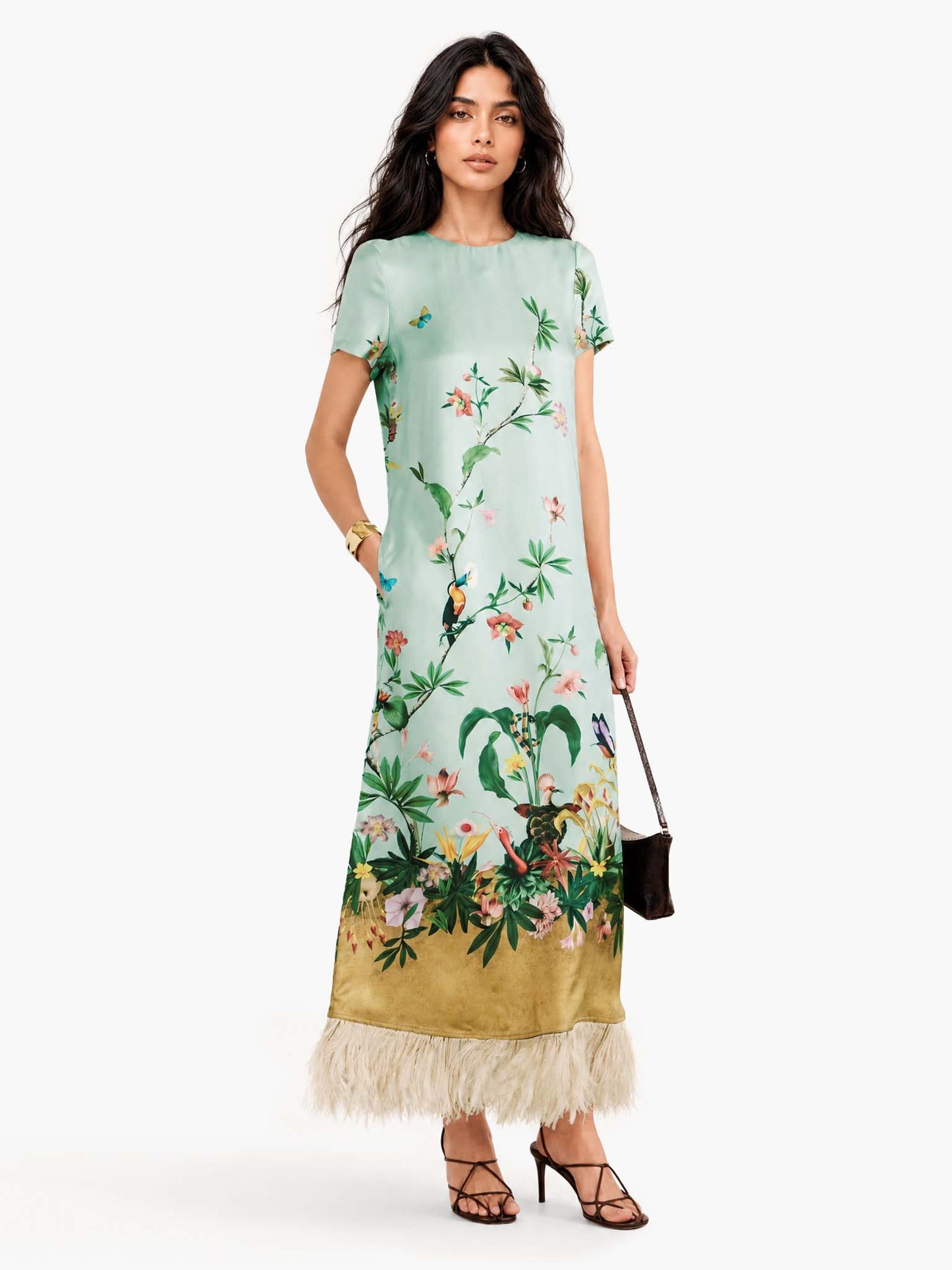 Retro Chic Printed Feather Trim Maxi Dress