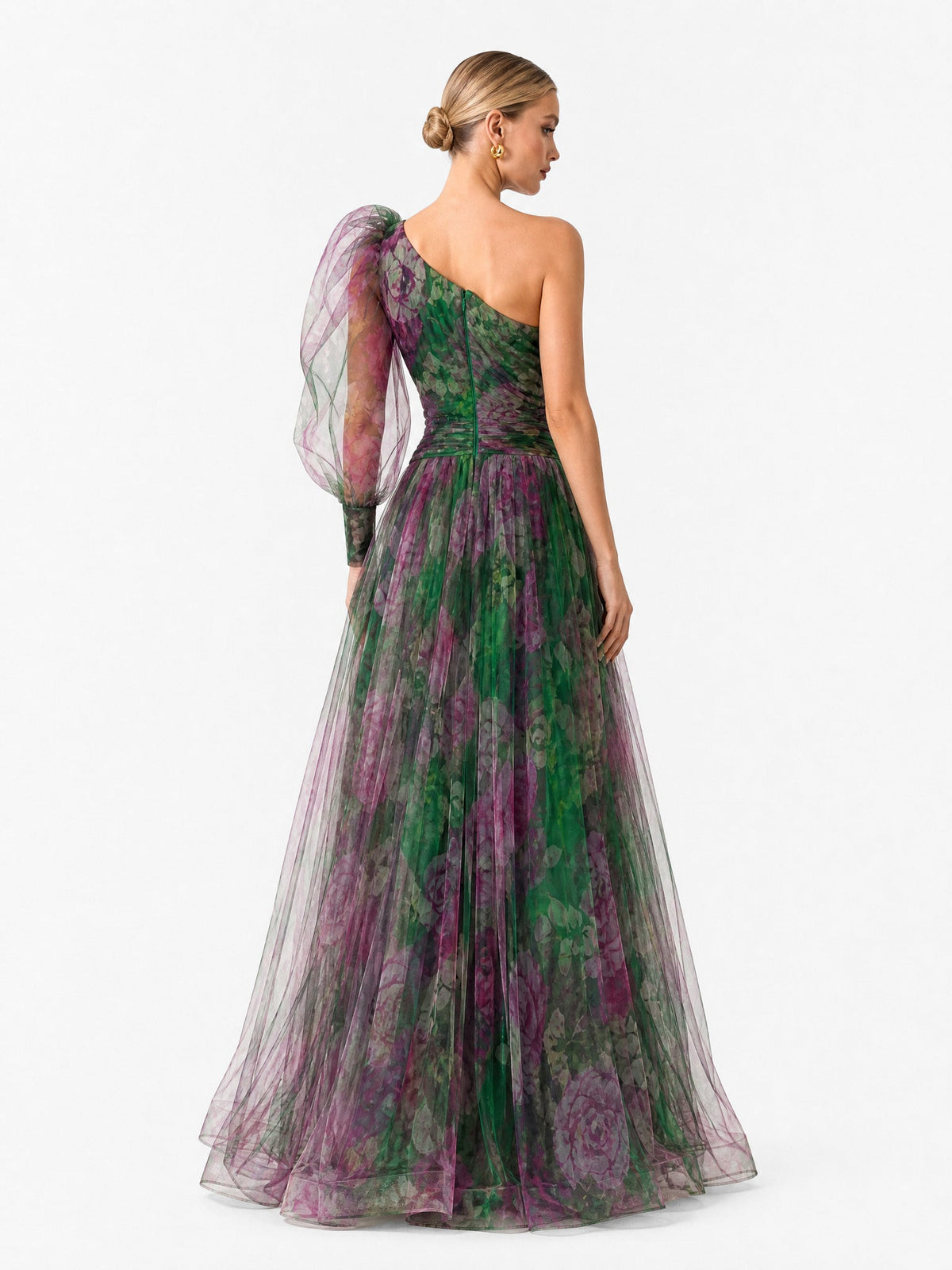 Elegant Floral Print Ruched One-Shoulder Sheer Maxi Dress