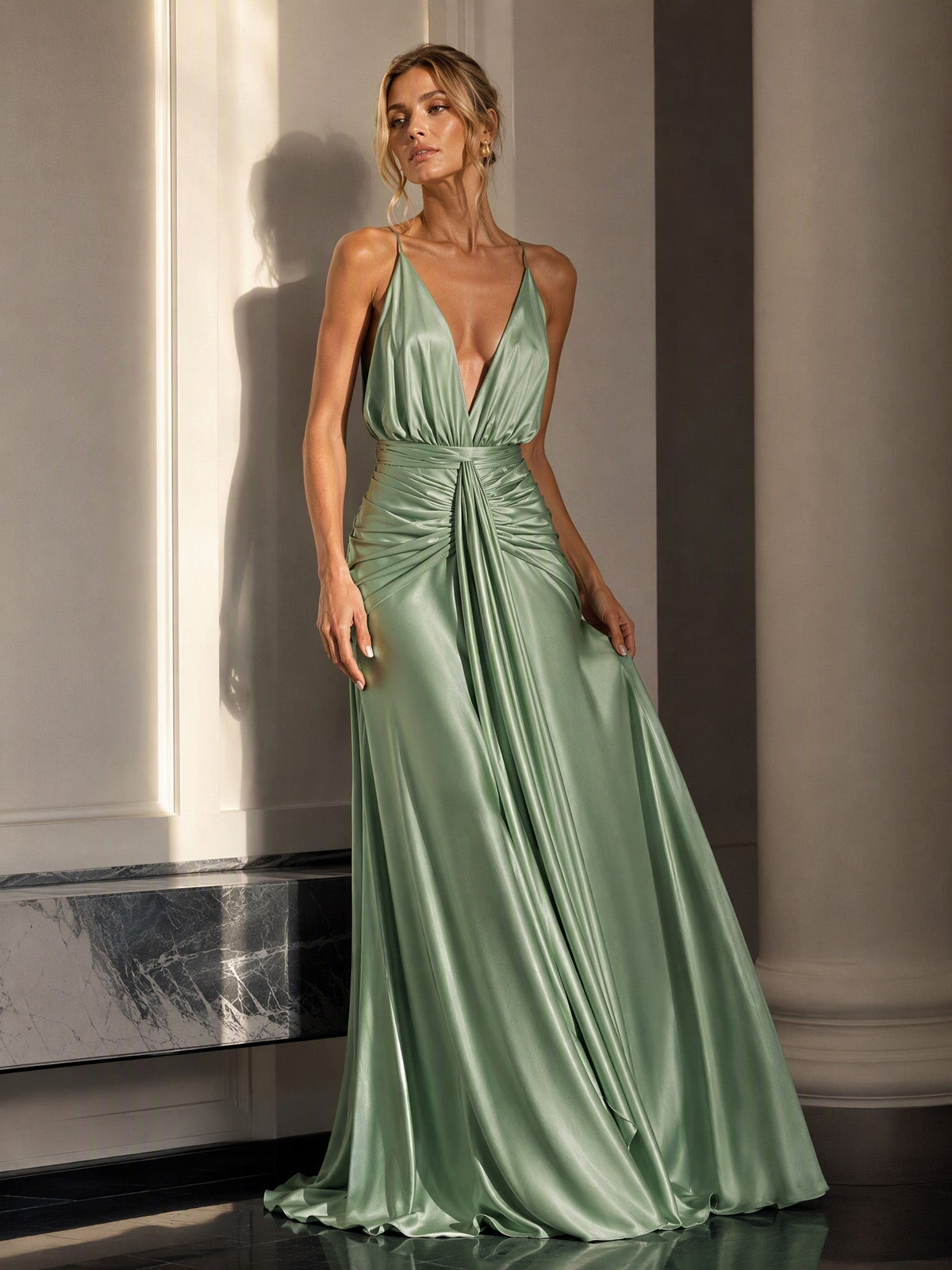 Sage Drape Halter Wrap Maxi Dress