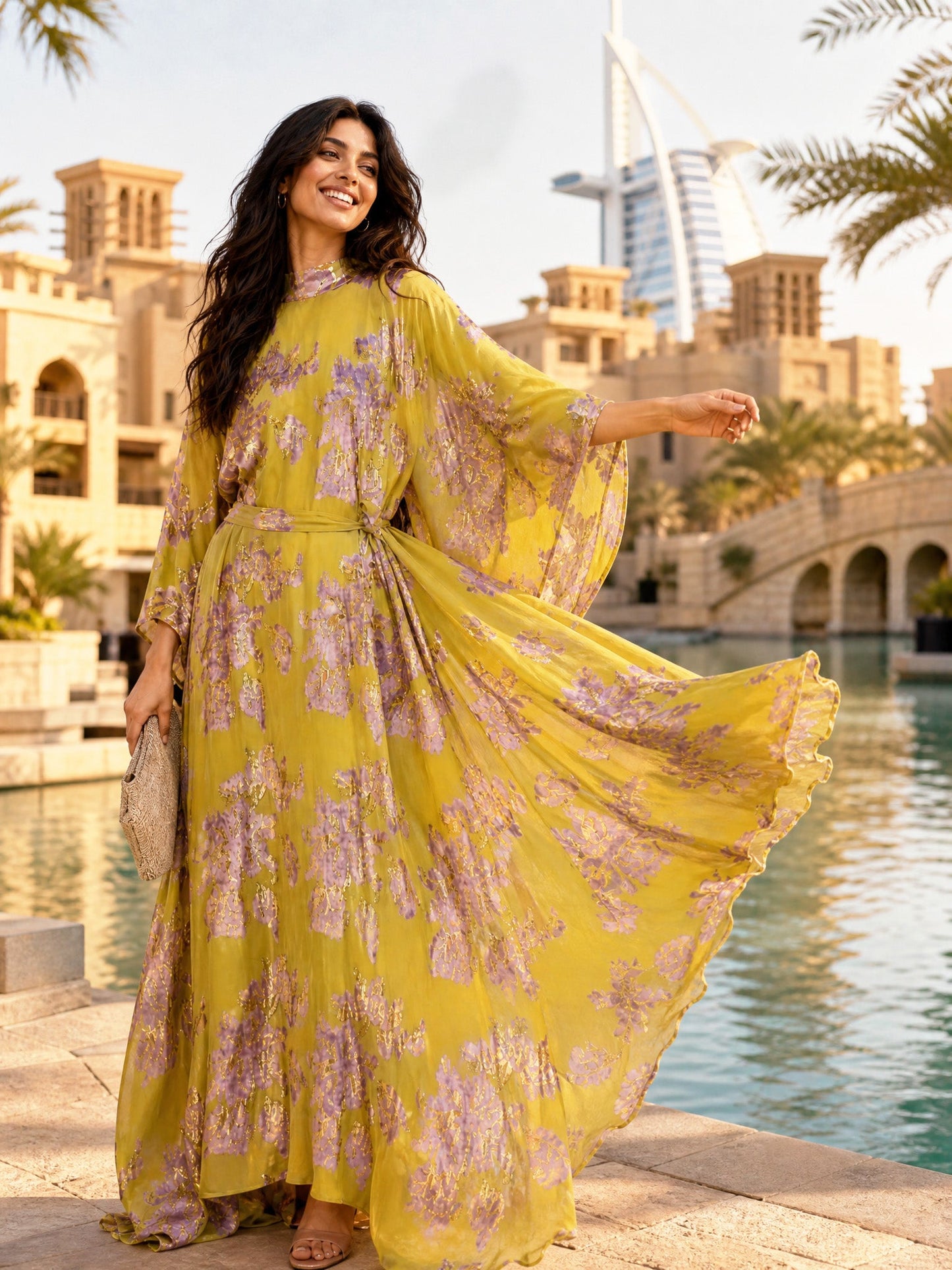 Elegant High Neck Flocked Floral Tie-Waist Kaftan Dress