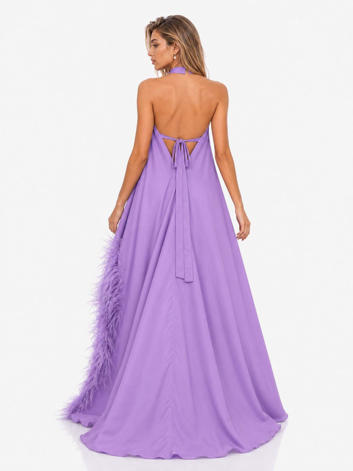 Elegant Halter Neck Sleeveless Feather Trim Satin Maxi Dress