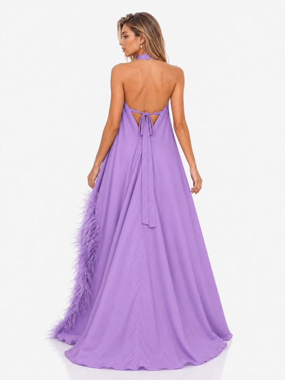 Elegant Halter Neck Sleeveless Feather Trim Satin Maxi Dress
