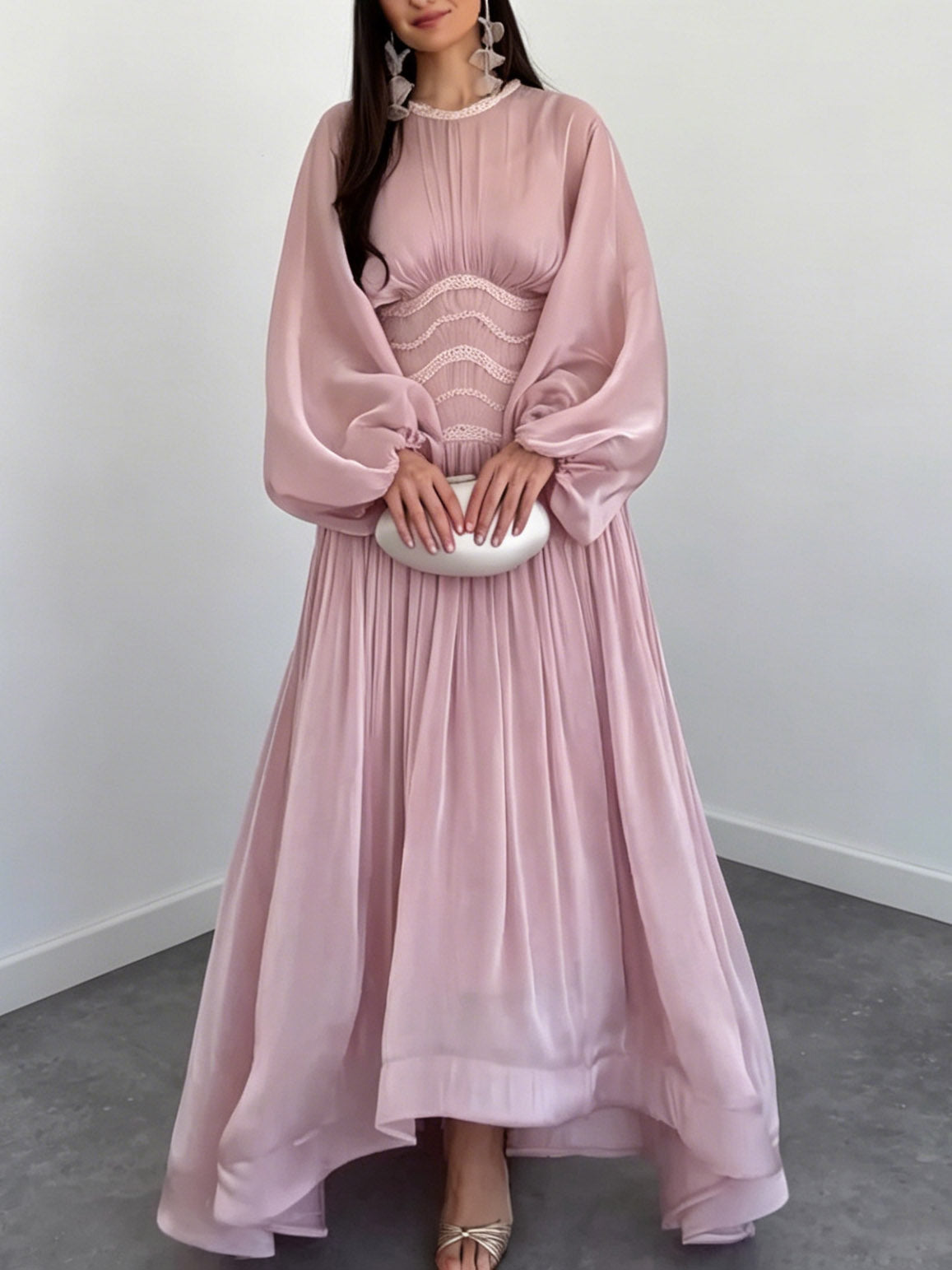 Elegant Pleated Waist Long Sleeve Satin Maxi Dress