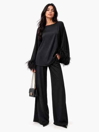 Elegant Feather-Trim Batwing Top & Pants Two-Piece Set
