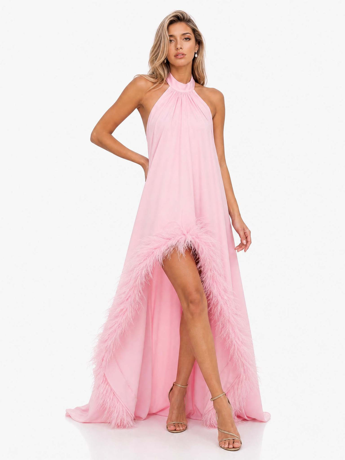 Elegant Halter Neck Sleeveless Feather Trim Satin Maxi Dress