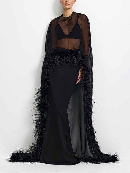 Elegant Sheer Feather Trim Top & Mermaid Maxi Skirt Two-Piece Set