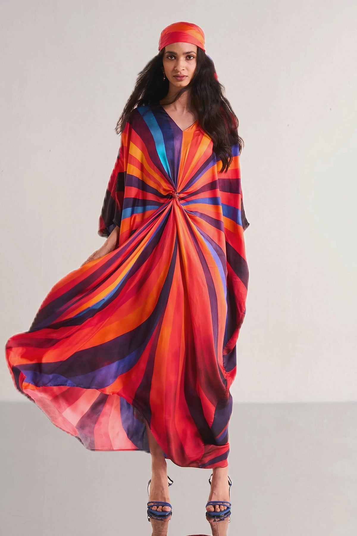 Elegant Waist‑Knot Rainbow Stripe Kaftan Maxi Dress