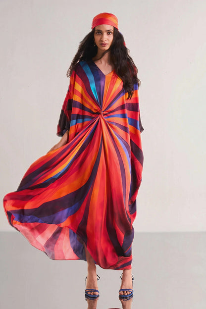 Elegant Waist‑Knot Rainbow Stripe Kaftan Maxi Dress