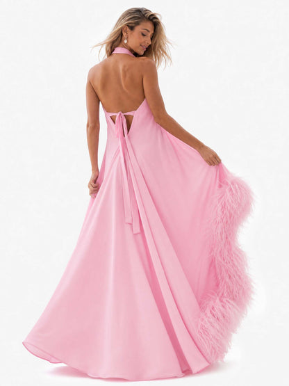 Elegant Halter Neck Sleeveless Feather Trim Satin Maxi Dress