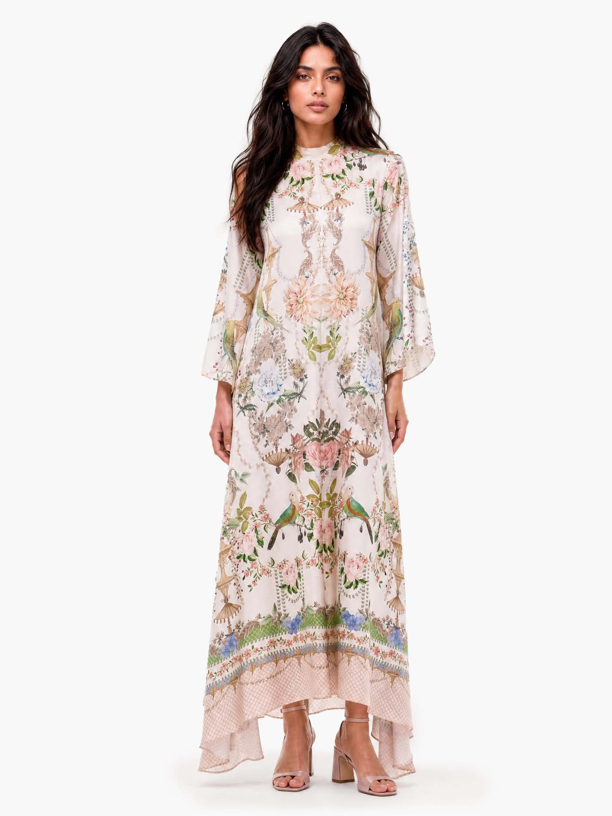 Exquisite Flared Sleeve Floral Print Satin Maxi Dress