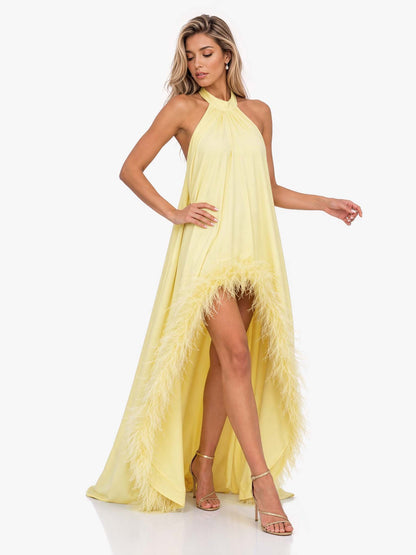 Elegant Halter Neck Sleeveless Feather Trim Satin Maxi Dress