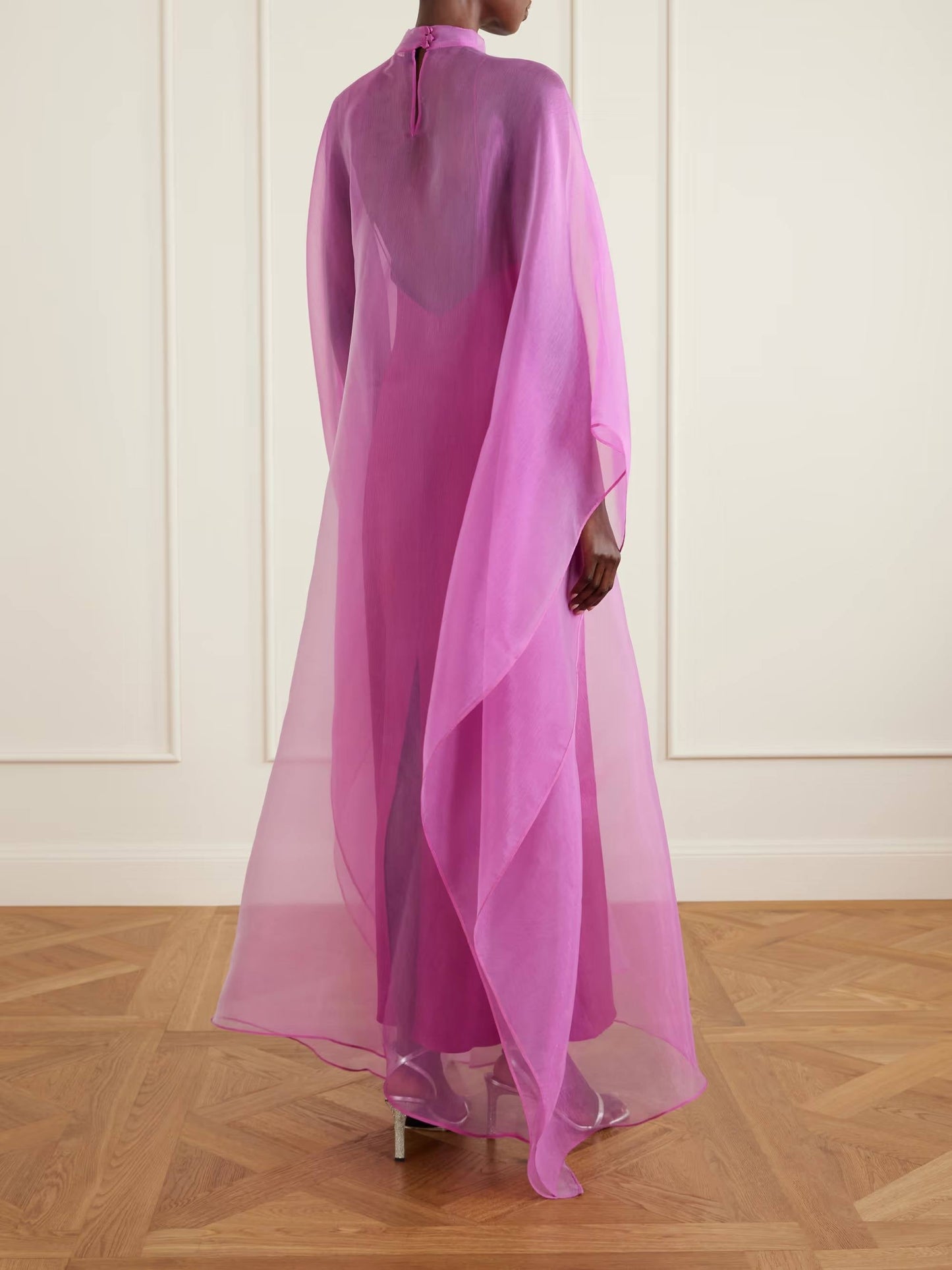 Elegant Sheer Organza Cape Sleeve Maxi Dress